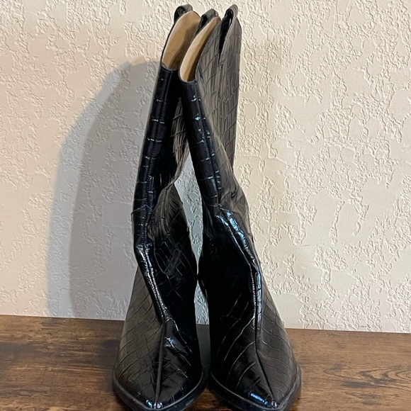 & Other Stories - Black Croc Embossed Leather Cowboy Boots Sz 7 - Picture 2 of 6
